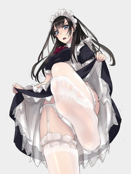 Anime picture 900x1200 with original murakami suigun single long hair tall image blush open mouth blue eyes light erotic black hair simple background maid legs girl dress uniform underwear panties headdress maid headdress