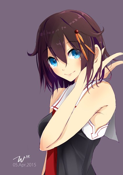 Anime picture 1486x2111 with kantai collection shigure destroyer tebi (tbd11) single tall image looking at viewer short hair blue eyes simple background smile brown hair bare shoulders adjusting hair purple background remodel (kantai collection) girl hair ornament