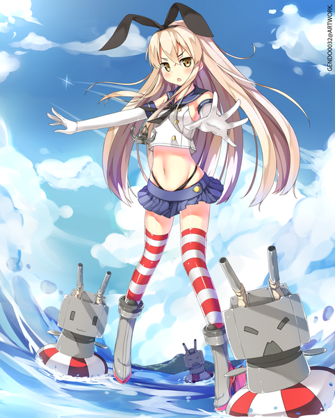 Anime picture 1607x2000 with kantai collection shimakaze destroyer rensouhou-chan gendo0032 gendo0033 long hair tall image blush open mouth blonde hair yellow eyes sky cloud (clouds) girl thighhighs skirt gloves navel bow weapon