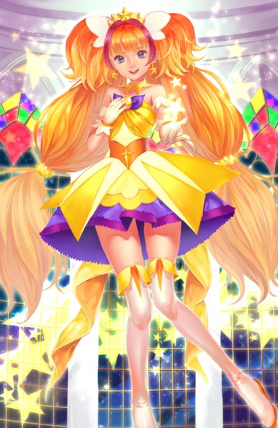 Anime picture 972x1500 with precure go! princess precure toei animation amanogawa kirara cure twinkle turukokoko single tall image looking at viewer open mouth blue eyes twintails very long hair orange hair girl dress gloves hair ornament boots white gloves