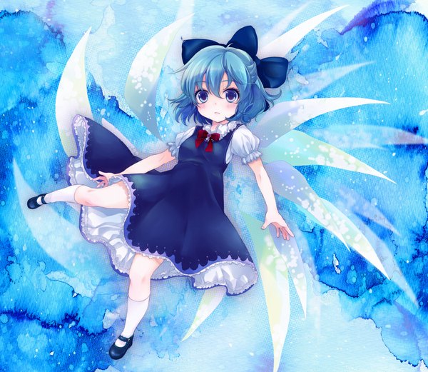 Anime picture 1150x1000 with touhou cirno sanada nako single looking at viewer short hair blue eyes blue hair girl dress bow hair bow wings socks frills white socks
