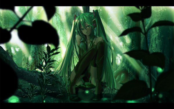Anime picture 1680x1050 with vocaloid hatsune miku katou taira highres wide image green eyes green hair wallpaper landscape nature girl tree (trees) water forest