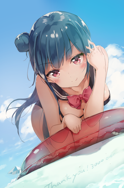 Anime picture 727x1100 with love live! sunshine!! sunrise (studio) love live! tsushima yoshiko micopp single long hair tall image looking at viewer blush fringe light erotic smile red eyes blue hair sky hair bun (hair buns) text adjusting hair english