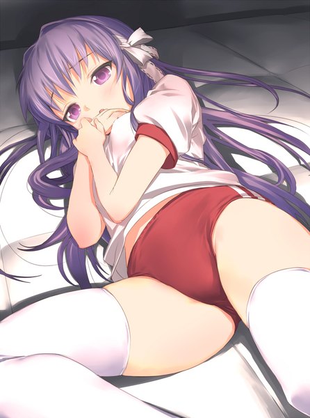 Anime picture 818x1100 with clannad key (studio) fujibayashi kyou uni (plastic girl) single long hair tall image looking at viewer blush breasts open mouth light erotic simple background purple eyes purple hair lying :o spread legs hand on chest crossed arms