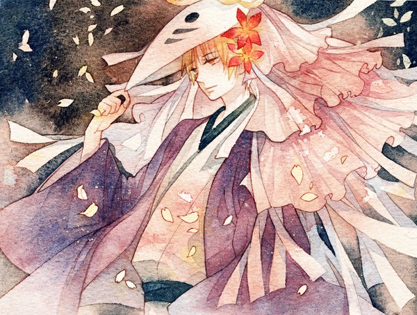 Anime picture 800x604 with natsume yuujinchou brains base (studio) natsume takashi rei (pixiv4656825) single short hair blonde hair traditional clothes japanese clothes wind orange eyes looking down mask on head traditional media watercolor (medium) boy flower (flowers) petals mask veil
