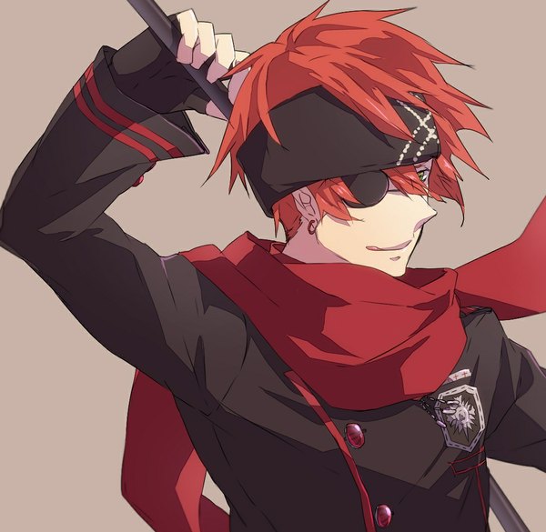 Anime picture 1088x1062 with d.gray-man lavi ori (pixiv1532928) single short hair simple background smile holding green eyes looking away red hair lips boy gloves uniform earrings black gloves tongue scarf fingerless gloves
