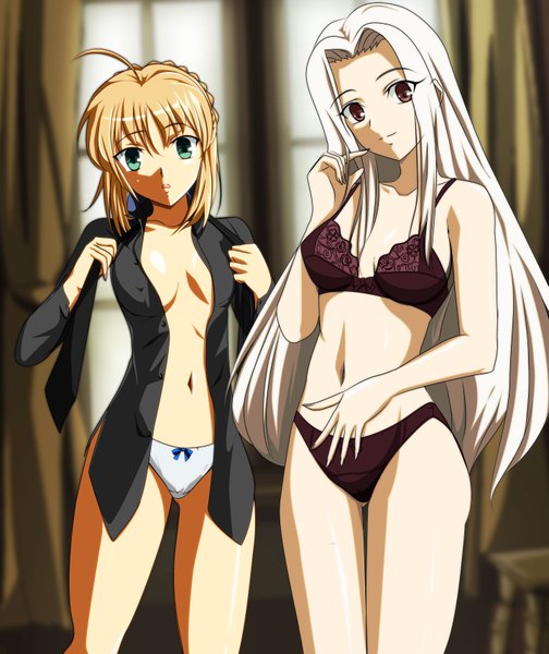 Anime picture 2875x3423 with fate (series) fate/stay night fate/zero studio deen type-moon artoria pendragon (all) saber irisviel von einzbern gentoku long hair tall image highres light erotic blonde hair red eyes multiple girls green eyes ahoge white hair open clothes