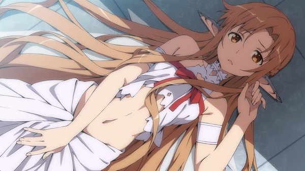 Anime picture 1920x1080 with sword art online a-1 pictures yuuki asuna titania (alo) kanzaki hiro single long hair highres brown hair wide image brown eyes from above pointy ears midriff elf girl navel