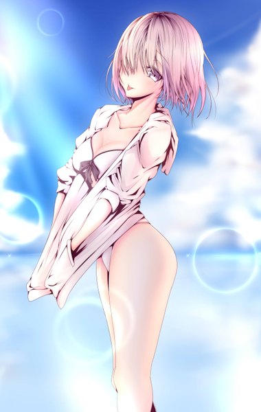 Anime picture 2000x3150 with fate (series) fate/grand order mash kyrielight tetsu (excalibur920) single tall image looking at viewer fringe highres short hair breasts light erotic pink hair sky cloud (clouds) ass head tilt sunlight hair over one eye :p