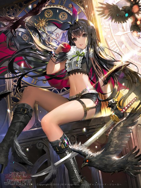 Anime picture 1000x1333 with joker ~gang road~ tob long hair tall image fringe black hair sitting bent knee (knees) parted lips bare belly grey eyes high heels flying revision girl gloves navel weapon animal sword