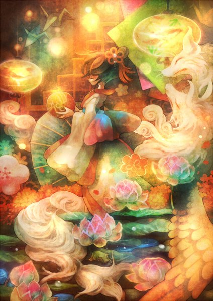 Anime picture 1060x1500 with original sui (petit comet) tall image short hair black hair eyes closed japanese clothes underwater girl flower (flowers) water kimono bubble (bubbles) fox origami