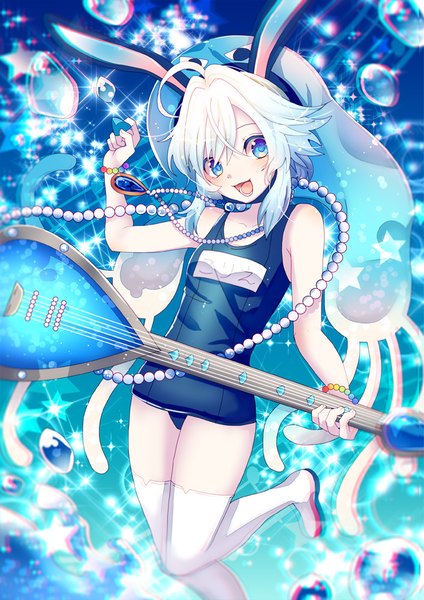 Anime picture 707x1000 with show by rock!! studio bones koriente sazanami shione single tall image blush short hair open mouth blue eyes light erotic hair between eyes bare shoulders holding payot looking away ahoge bent knee (knees) white hair head tilt