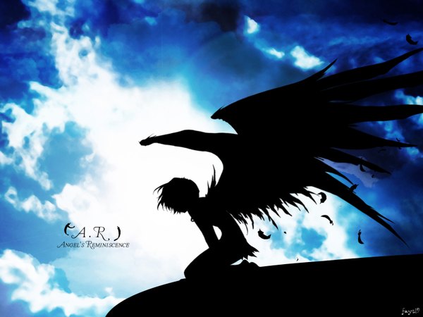 Anime picture 1600x1200 with the sanctuary knocker elurai carnelian single sky cloud (clouds) angel wings silhouette angel girl feather (feathers) roof