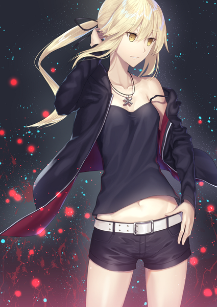 Anime picture 734x1037 with fate (series) fate/grand order fate/stay night artoria pendragon (all) saber saber alter lip-mil single long hair tall image fringe hair between eyes yellow eyes looking away ponytail parted lips light smile wind off shoulder teeth