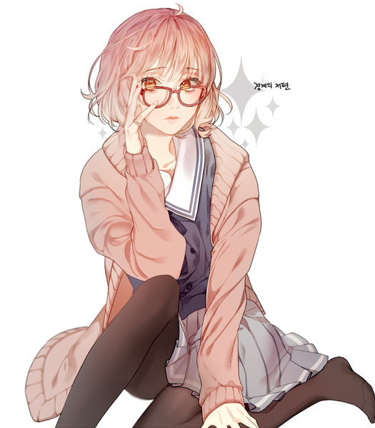 Anime picture 1000x1142 with kyoukai no kanata kyoto animation kuriyama mirai ritchpin single tall image fringe short hair simple background white background sitting yellow eyes looking away pink hair blunt bangs no shoes adjusting glasses korean girl uniform