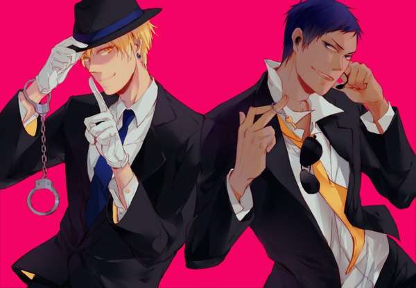 Anime picture 2525x1748 with kuroko no basket production i.g kise ryouta aomine daiki mo highres short hair simple background blonde hair yellow eyes blue hair looking away multiple boys dark skin pink background sunglasses removed boy gloves hat necktie