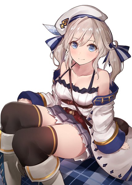 Anime picture 700x980 with granblue fantasy cucouroux (granblue fantasy) yaman (yamanta lov) single long hair tall image looking at viewer fringe blue eyes blonde hair simple background smile hair between eyes white background sitting twintails payot bent knee (knees) pleated skirt wide sleeves