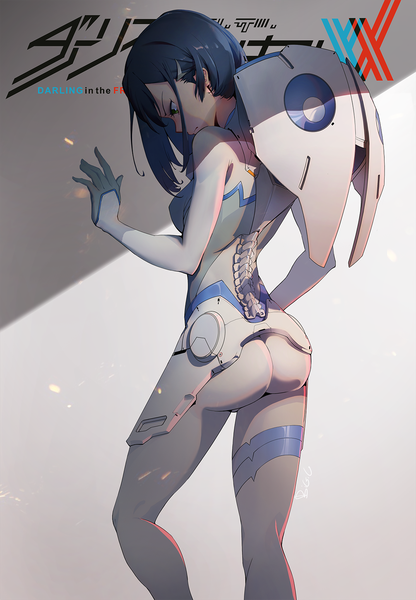 Anime picture 1075x1550 with darling in the franxx studio trigger ichigo (darling in the franxx) big.c single long hair tall image fringe breasts standing green eyes signed blue hair ass from behind copyright name looking down spine girl hair ornament