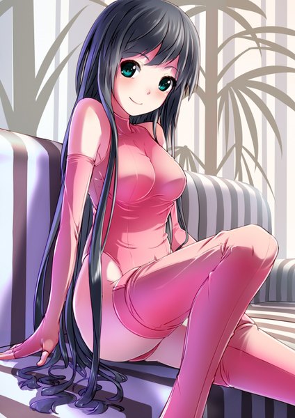 Anime picture 1000x1414 with original touboku single long hair tall image blue eyes light erotic black hair smile sitting girl gloves elbow gloves thigh boots couch