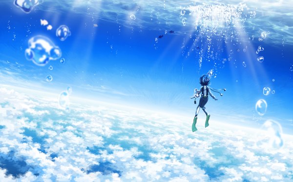 Anime picture 1485x924 with original amemura short hair wide image blue hair sky from behind back underwater swimming diving animal water bird (birds) bubble (bubbles) fish (fishes) flippers diving suit scuba