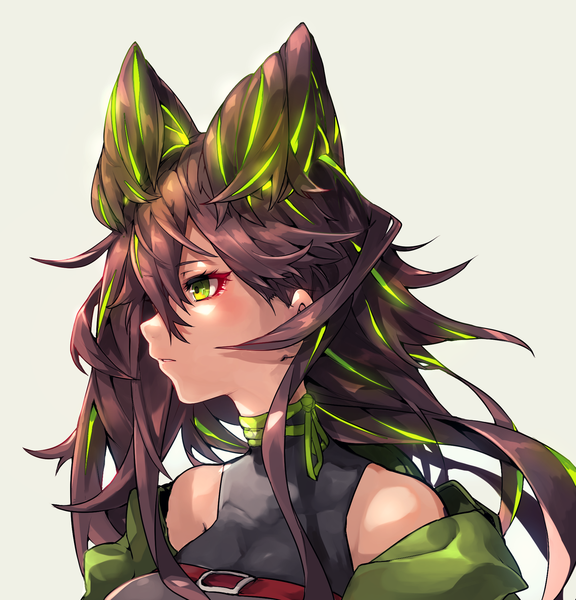 Anime picture 1800x1876 with original maido mido single long hair tall image fringe highres simple background hair between eyes brown hair bare shoulders green eyes animal ears looking away upper body profile multicolored hair green hair grey background two-tone hair