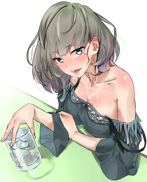 Anime picture 1196x1484 with idolmaster idolmaster cinderella girls takagaki kaede rolua single tall image looking at viewer blush fringe short hair breasts open mouth light erotic simple background white background bare shoulders holding green eyes cleavage upper body