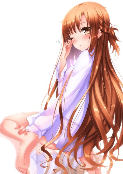 Anime picture 992x1403 with sword art online a-1 pictures yuuki asuna swordsouls single long hair tall image blush simple background brown hair white background brown eyes one eye closed looking back wink girl shirt transparent clothing