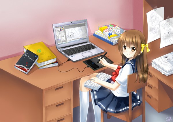Anime picture 1500x1060 with original hikariin25 single long hair looking at viewer brown hair sitting brown eyes girl thighhighs skirt uniform school uniform white thighhighs book (books) chair table room computer