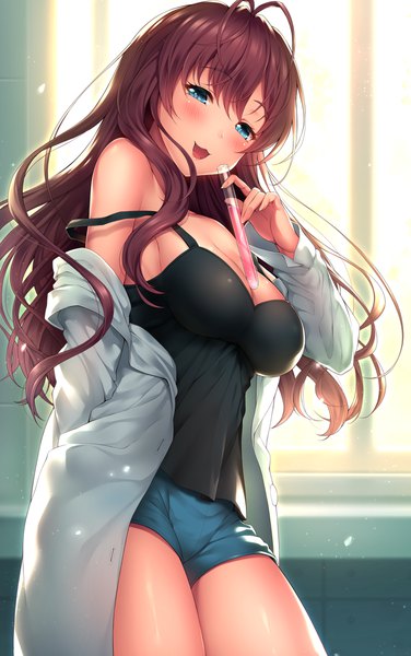 Anime picture 727x1158 with idolmaster idolmaster cinderella girls ichinose shiki yomono single long hair tall image looking at viewer blush breasts open mouth blue eyes light erotic large breasts bare shoulders purple hair ahoge indoors off shoulder girl