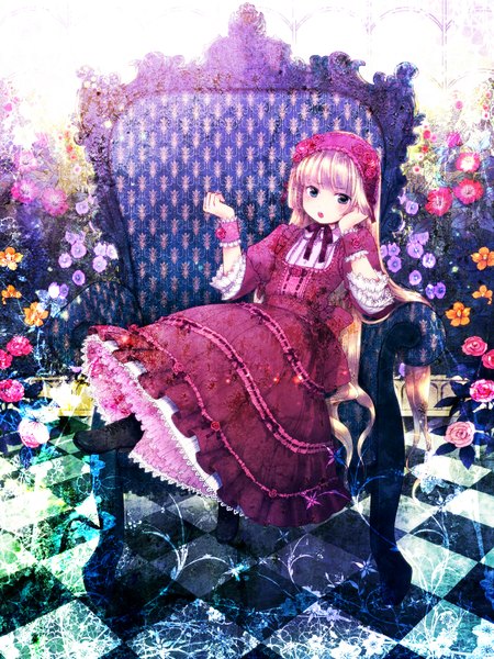 Anime picture 1200x1600 with gosick studio bones victorique de blois ari-15 single long hair tall image looking at viewer blush open mouth blonde hair black eyes loli lolita fashion girl dress flower (flowers)