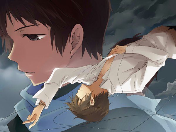 Anime picture 1024x768 with suzumiya haruhi no yuutsu kyoto animation kyon koizumi itsuki pon de yomisen (artist) short hair brown hair brown eyes cloud (clouds) lying eyes closed profile open clothes multiple boys open shirt couple partially open clothes boy shirt jacket