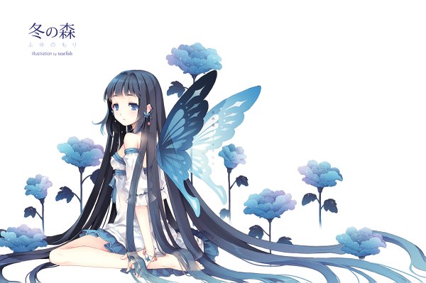 Anime picture 1200x799 with original tearfish single long hair blue eyes black hair white background bare shoulders very long hair barefoot insect wings butterfly wings girl dress flower (flowers) earrings wings bracelet