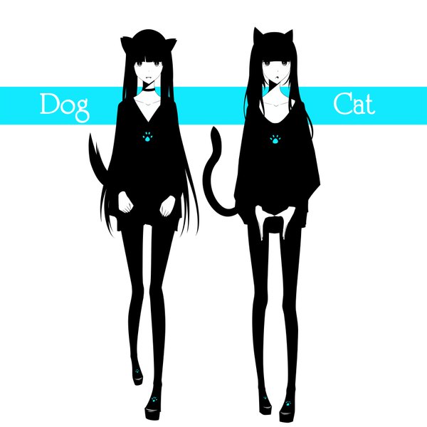 Anime picture 1750x1750 with original haru@ long hair looking at viewer highres open mouth black hair simple background standing white background twintails multiple girls animal ears light smile black eyes cat ears cat tail grey eyes monochrome blue background