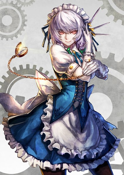 Anime picture 620x877 with touhou izayoi sakuya ryuuzaki ichi single tall image looking at viewer short hair smile standing purple hair braid (braids) pink eyes maid twin braids lacing girl gloves uniform bow white gloves