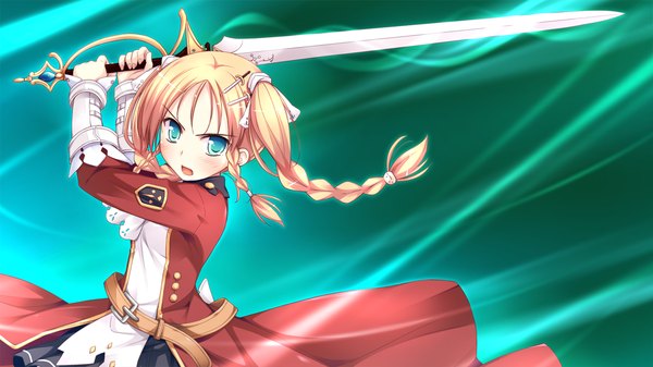 Anime picture 1280x720 with witch's garden hatano ririko ko~cha single long hair blush open mouth blonde hair wide image twintails green eyes game cg braid (braids) twin braids girl hair ornament weapon sword hairclip