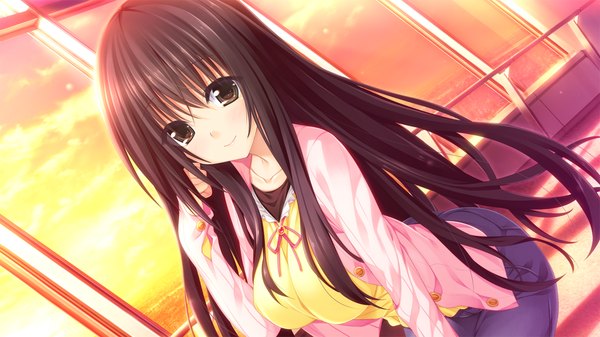 Anime picture 1280x720 with pretty x cation hibiki works yakuouji komachi single long hair looking at viewer blush black hair smile wide image brown eyes game cg girl jeans blue jeans