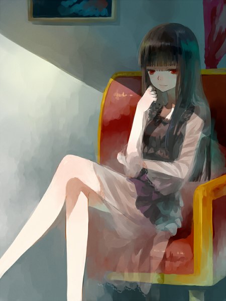 Anime picture 750x1000 with original moekon single long hair tall image red eyes brown hair sitting no shoes hand on cheek thinking girl dress armchair room picture