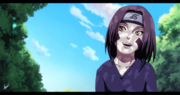 Anime picture 1200x636 with naruto studio pierrot naruto (series) nohara rin aconst single short hair open mouth black hair smile wide image yellow eyes coloring girl bandana