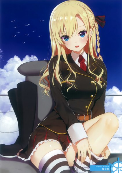 Anime picture 2698x3840 with high school fleet wilhelmina braunschweig ingenohl friedeburg matarou (genkai toppa) single long hair tall image looking at viewer blush fringe highres breasts open mouth blue eyes blonde hair smile hair between eyes sitting sky cloud (clouds) bent knee (knees)