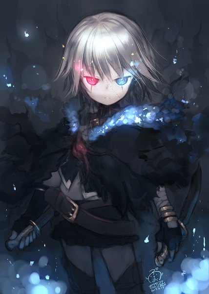 Anime picture 713x1000 with fate (series) fate/apocrypha jack the ripper (fate/apocrypha) capriccio single tall image looking at viewer fringe short hair blue eyes hair between eyes red eyes standing holding signed silver hair parted lips zettai ryouiki heterochromia glowing