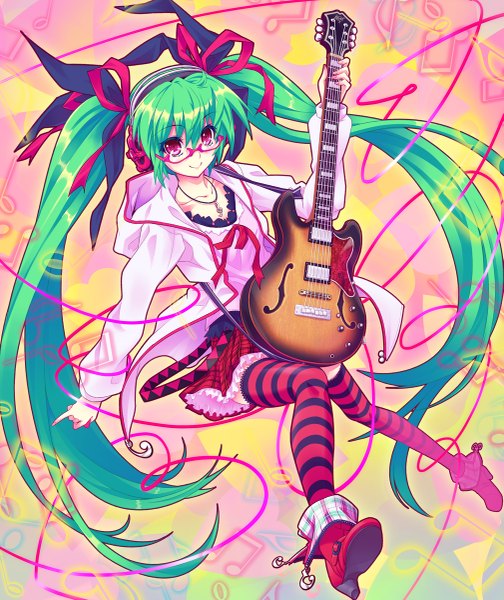 Anime picture 1009x1200 with project diva project diva 2nd vocaloid kocchi muite baby (vocaloid) hatsune miku urabi (tomatohouse) single tall image fringe smile red eyes twintails looking away very long hair green hair from above girl thighhighs skirt ribbon (ribbons)