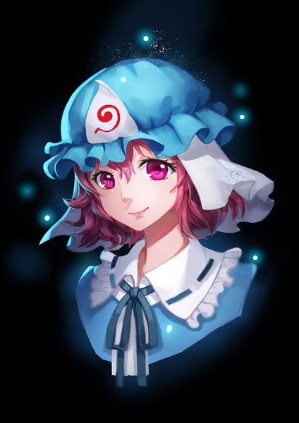 Anime picture 1500x2122 with touhou saigyouji yuyuko hong bai single tall image looking at viewer fringe short hair smile hair between eyes pink hair pink eyes lips sparkle portrait dark background girl hat bonnet triangular headpiece