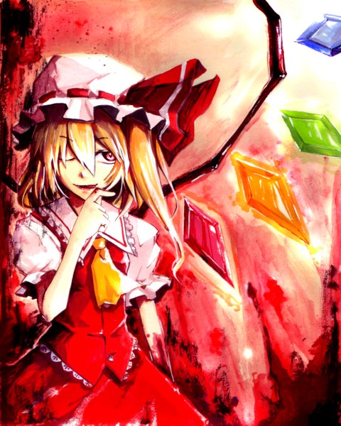 Anime picture 2172x2717 with touhou flandre scarlet holysnow single tall image looking at viewer highres short hair blonde hair red eyes upper body one eye closed puffy sleeves one side up vampire girl skirt hat wings bonnet