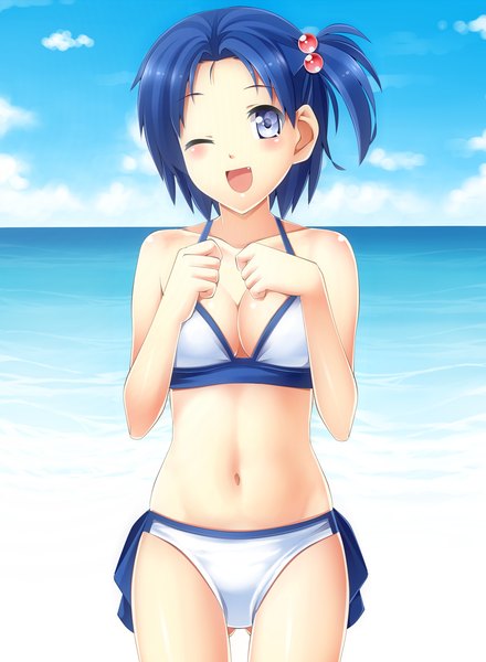 Anime picture 1100x1500 with original komimiyako single tall image short hair open mouth blue eyes light erotic blue hair one eye closed wink one side up girl navel swimsuit
