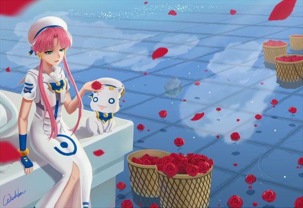 Anime picture 1500x1033 with aria mizunashi akari werkbau (artist) single long hair sitting green eyes pink hair girl dress gloves flower (flowers) hat petals water rose (roses) red rose basket