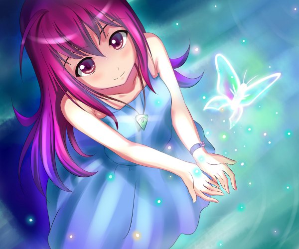 Anime picture 1200x1000 with original atomix single long hair blush simple background smile bare shoulders pink hair pink eyes from above magic glowing girl bracelet pendant insect butterfly sundress