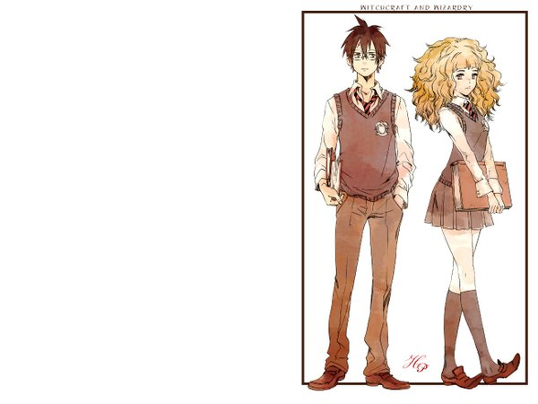 Anime picture 1300x975 with harry potter hermione granger harry potter (character) rem (artist) long hair fringe short hair simple background blonde hair brown hair standing white background holding brown eyes looking away pleated skirt couple wavy hair scar open collar