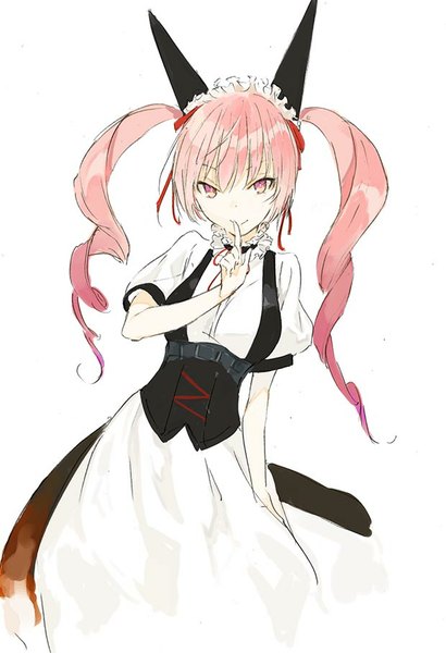 Anime picture 620x906 with steins;gate white fox faris nyannyan pako single long hair tall image looking at viewer fringe simple background smile white background twintails animal ears pink hair pink eyes drill hair finger to mouth underbust waitress