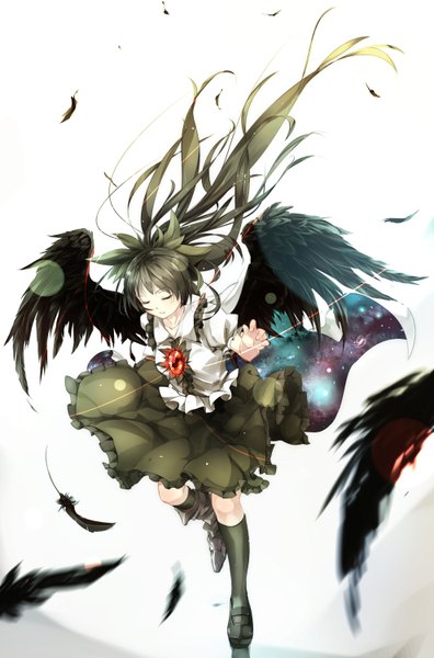 Anime picture 990x1500 with touhou reiuji utsuho gorilla (bun0615) single long hair tall image fringe black hair bent knee (knees) ponytail eyes closed from above black wings glow starry sky print space print girl skirt shirt wings