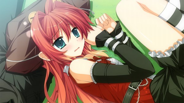 Anime picture 1280x720 with fortissimo//akkord:bsusvier (game) satomura momiji ooba kagerou blush blue eyes wide image game cg red hair girl detached sleeves socks striped socks